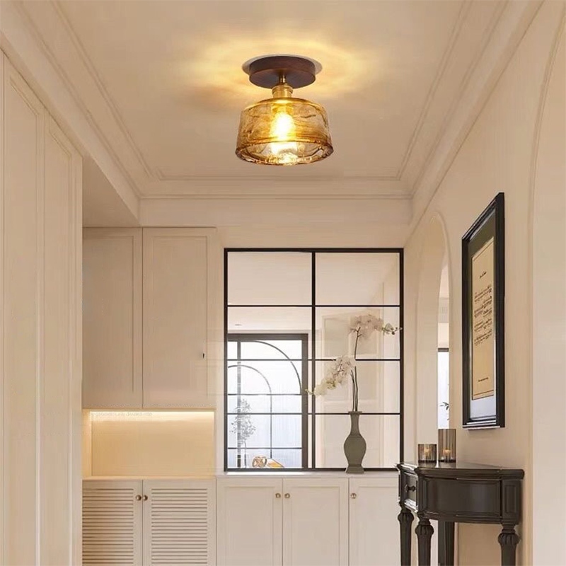 Đèn trần kính màu hổ phách cổ điển, Đèn chùm tròn Led, Thích hợp cho ban công, phòng khách, Đèn trang trí lối đi