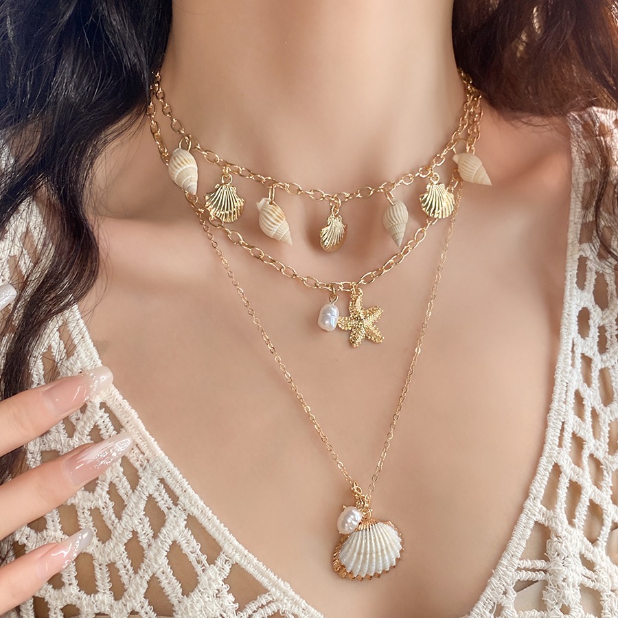[Jewbeauty] Vỏ ốc xà cừ kim loại châu Âu và Mỹ, mặt dây chuyền tua rua, phù hợp làm vòng cổ xương đòn cho nữ