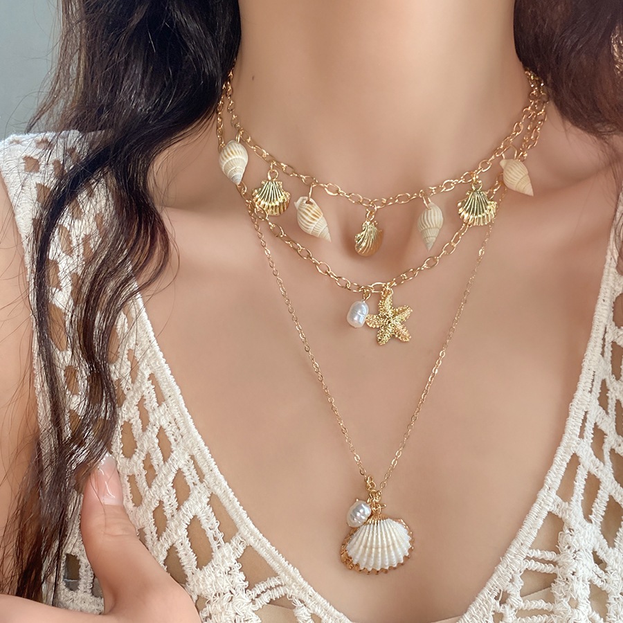 [Jewbeauty] Vỏ ốc xà cừ kim loại châu Âu và Mỹ, mặt dây chuyền tua rua, phù hợp làm vòng cổ xương đòn cho nữ