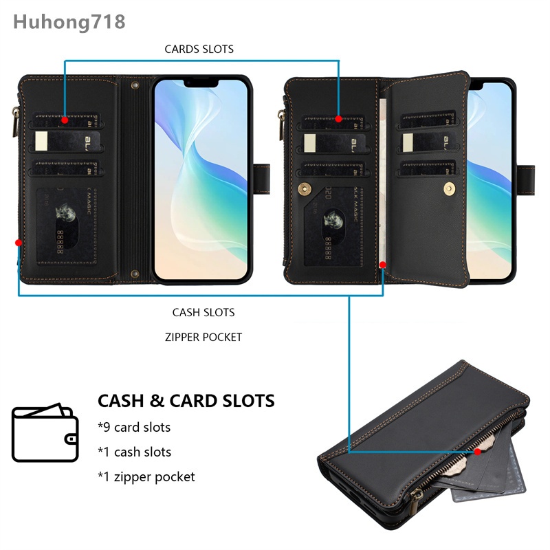 Lật Dây Kéo Da Dành Cho Iphone 12 13 Mini 14 15 Plus Pro Max Sang Trọng Nhiều Khe Cắm Thẻ Lật Ví Bao Da