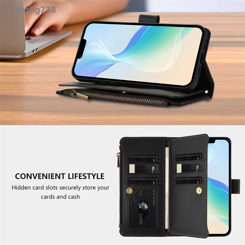 Lật Dây Kéo Da Dành Cho Iphone 12 13 Mini 14 15 Plus Pro Max Sang Trọng Nhiều Khe Cắm Thẻ Lật Ví Bao Da