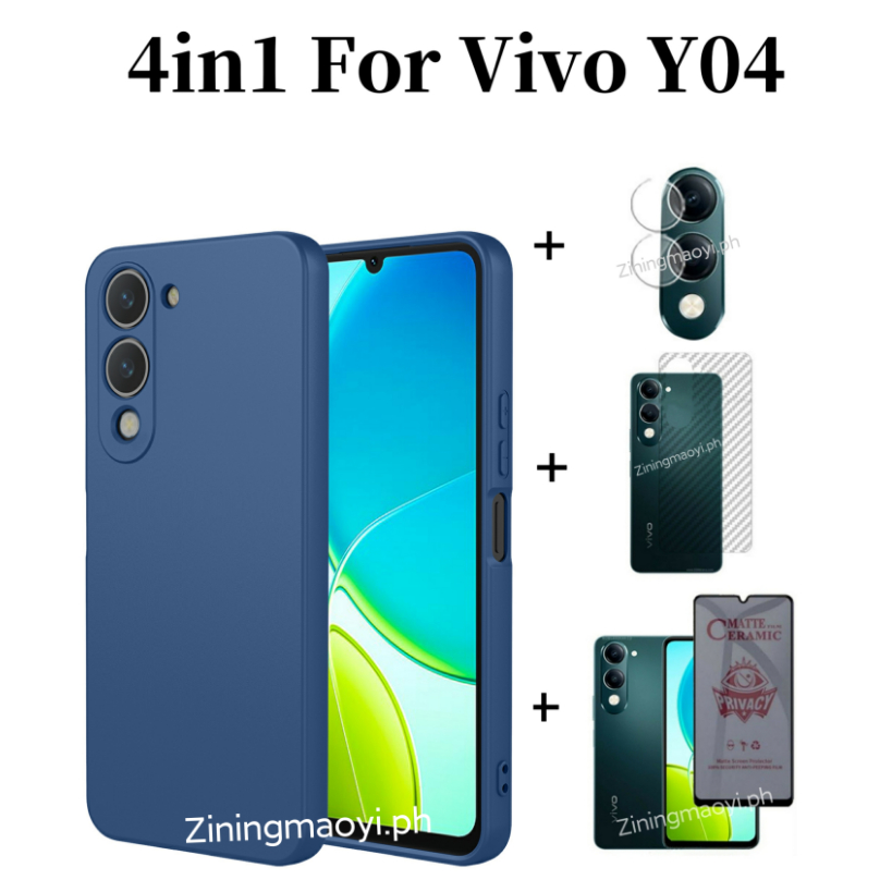 4in1 Dành Cho Vivo Y04 Vỏ Điện Thoại Di Động Silicon Lỏng Giả Vivo Y02 Y03 Y29S Chống Gián Điệp Mềm Gốm Mờ Bảo Mật Và Ống Kính Phim Và Phim Mặt Sau