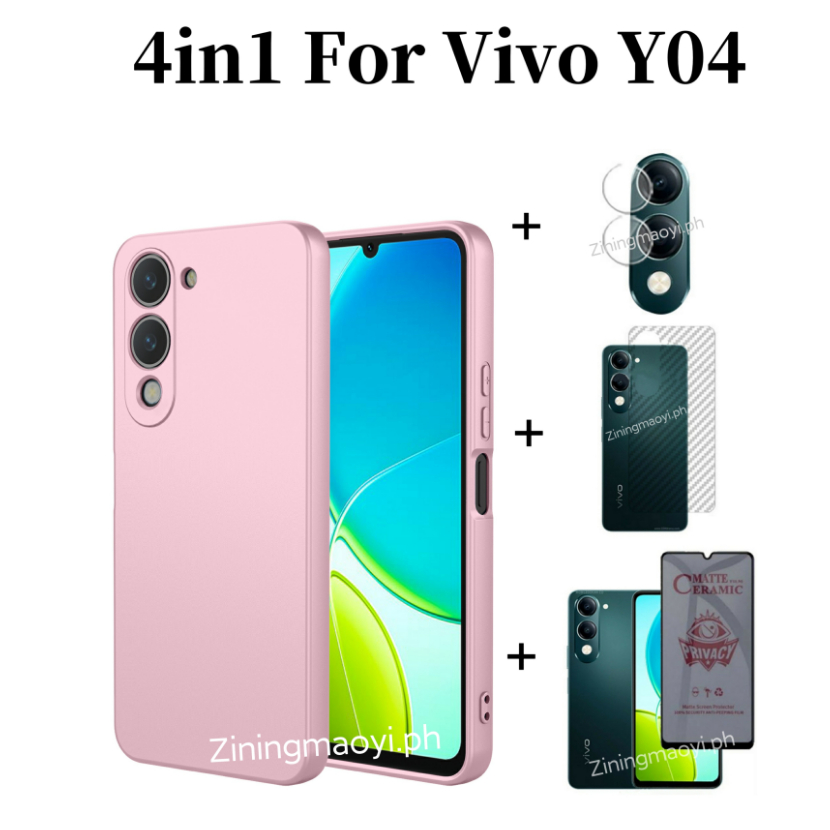 4in1 Dành Cho Vivo Y04 Vỏ Điện Thoại Di Động Silicon Lỏng Giả Vivo Y02 Y03 Y29S Chống Gián Điệp Mềm Gốm Mờ Bảo Mật Và Ống Kính Phim Và Phim Mặt Sau
