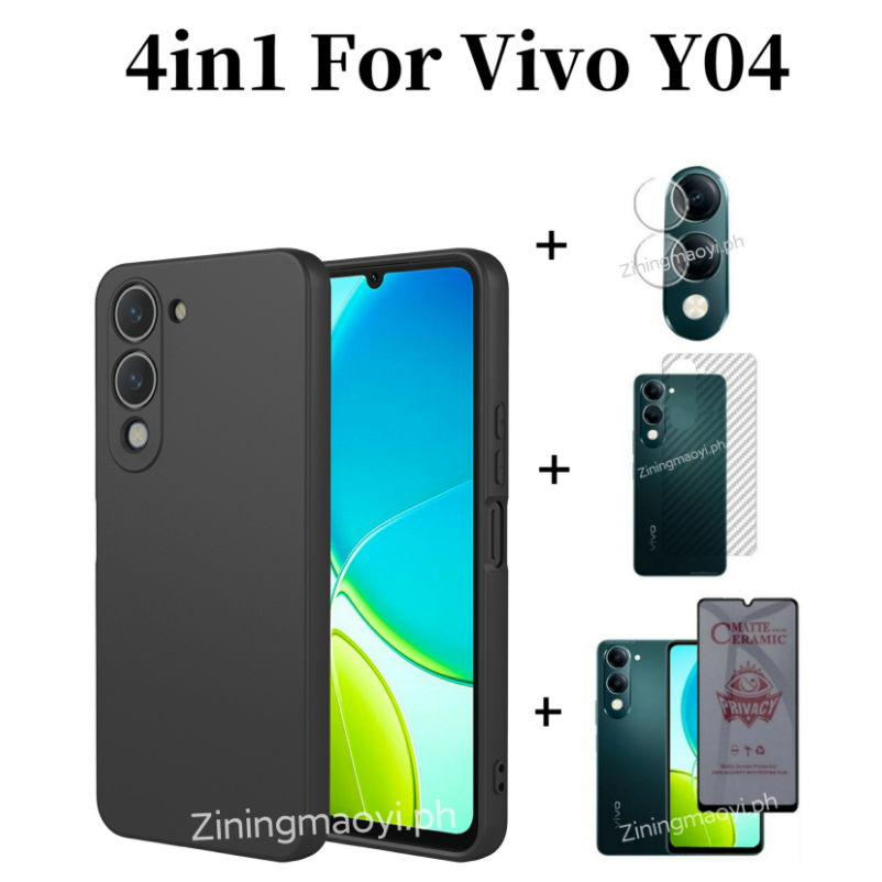 4in1 Dành Cho Vivo Y04 Vỏ Điện Thoại Di Động Silicon Lỏng Giả Vivo Y02 Y03 Y29S Chống Gián Điệp Mềm Gốm Mờ Bảo Mật Và Ống Kính Phim Và Phim Mặt Sau
