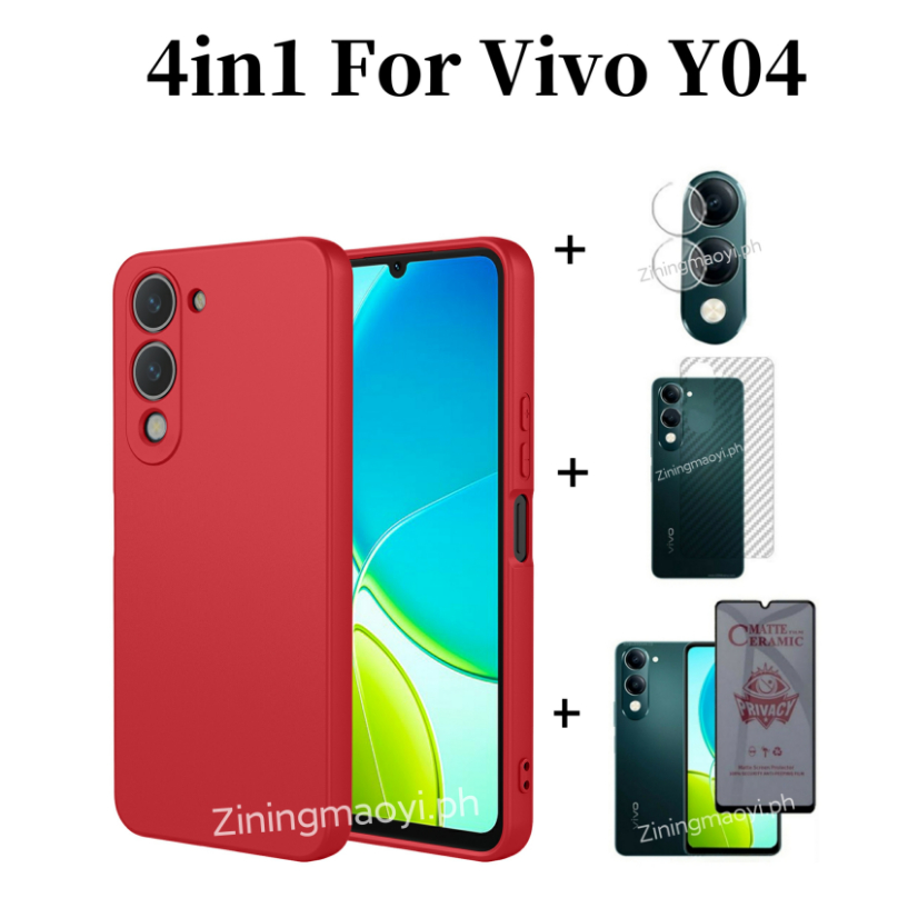 4in1 Dành Cho Vivo Y04 Vỏ Điện Thoại Di Động Silicon Lỏng Giả Vivo Y02 Y03 Y29S Chống Gián Điệp Mềm Gốm Mờ Bảo Mật Và Ống Kính Phim Và Phim Mặt Sau