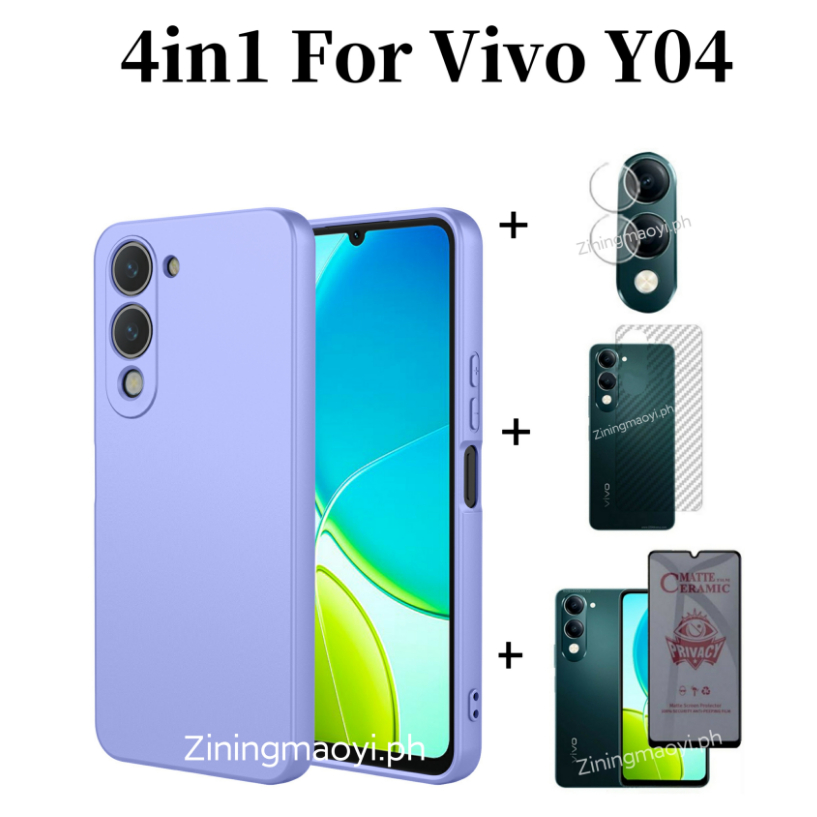 4in1 Dành Cho Vivo Y04 Vỏ Điện Thoại Di Động Silicon Lỏng Giả Vivo Y02 Y03 Y29S Chống Gián Điệp Mềm Gốm Mờ Bảo Mật Và Ống Kính Phim Và Phim Mặt Sau