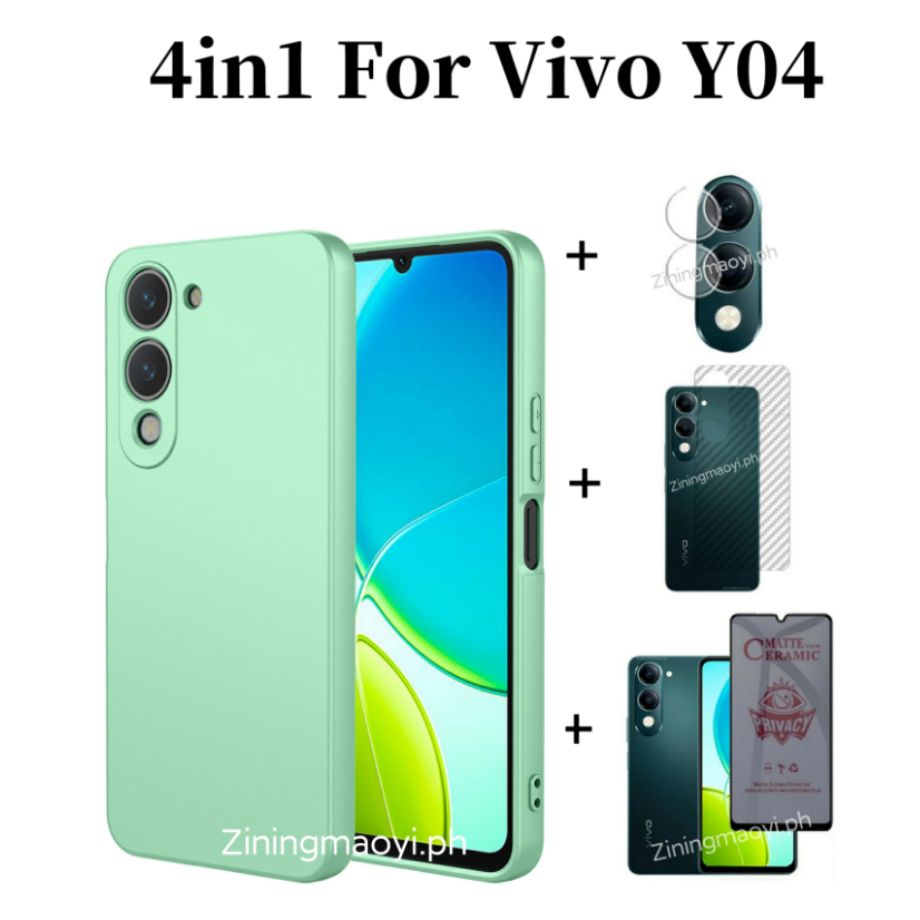 4in1 Dành Cho Vivo Y04 Vỏ Điện Thoại Di Động Silicon Lỏng Giả Vivo Y02 Y03 Y29S Chống Gián Điệp Mềm Gốm Mờ Bảo Mật Và Ống Kính Phim Và Phim Mặt Sau