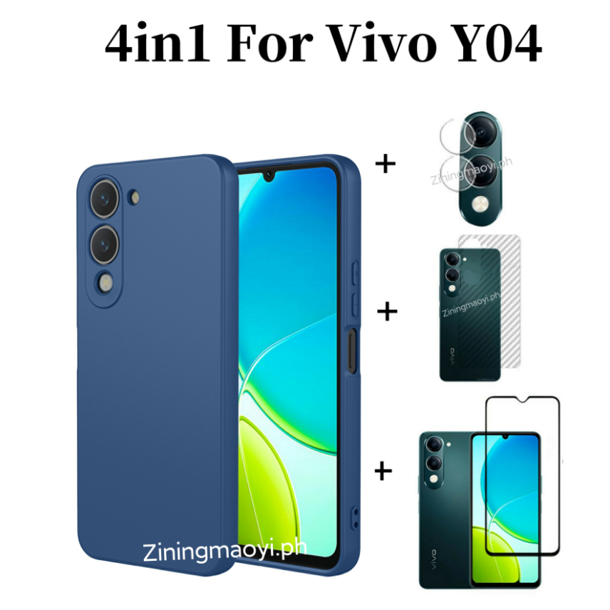 4in1 Dành Cho Vivo Y04 Vỏ Điện Thoại Di Động Silicon Lỏng Giả Vivo Y02 Y03 Y29S Kính Cường Lực Và Ống Kính Phim Và Mặt Sau
