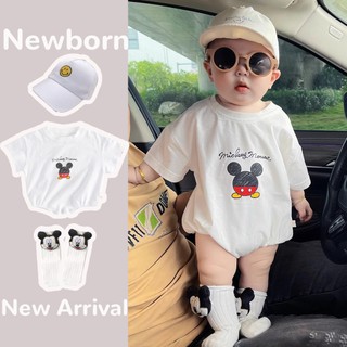 Bộ áo liền quần mùa hè Disney Mickey, cotton hoạt hình, dáng rộng vừa vặn (0-24 tháng)