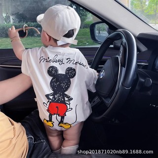 Bộ áo liền quần mùa hè Disney Mickey, cotton hoạt hình, dáng rộng vừa vặn (0-24 tháng)
