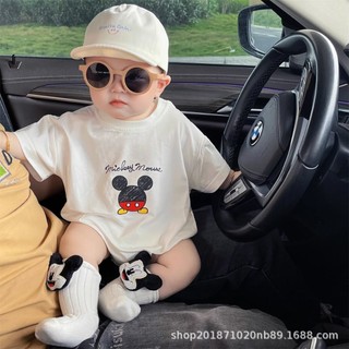 Bộ áo liền quần mùa hè Disney Mickey, cotton hoạt hình, dáng rộng vừa vặn (0-24 tháng)