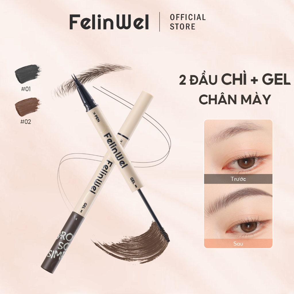 FelinWel - Bút kẻ chân mày dạng lỏng 2 đầu & Gel kẻ chân mày có màu, Không thấm nước, Lâu trôi, Công thức thuần chay, Dễ sử dụng