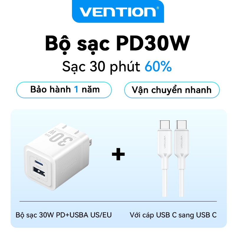 Bộ sạc nhanh GaN Vention 20W 30W Bộ sạc USB C PD + USB 2 cổng Bộ sạc chuyển đổi với QC4.0 PD USB typec nhanh Bộ phích cắm US cho IP 16 Samsung Android - Hàng Chính Hãng, BH 12 tháng