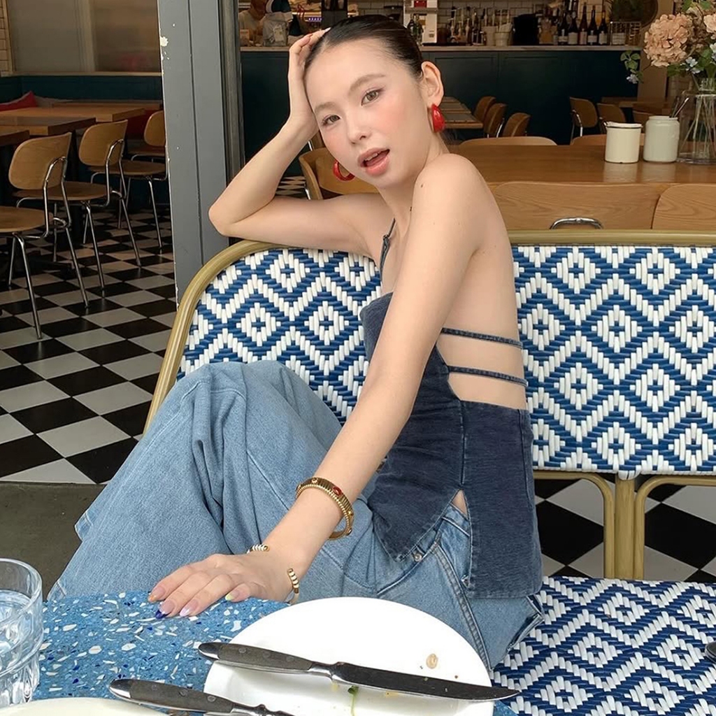 Cutenew Chắc Chắn Lưng Áo Gợi Cảm Dây Sling Chia Vai Skinny Mùa Hè Thư Giãn Hipster Nữ Mỹ Vintage Phong Cách Đường Phố