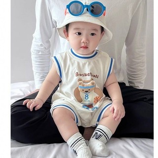 Bộ áo liền quần Cotton cho bé trai hoạt hình dễ thương Gấu thể thao dáng rộng vừa vặn mềm mại và thoải mái Bộ áo liền quần cho bé sơ sinh (0-24 tháng)