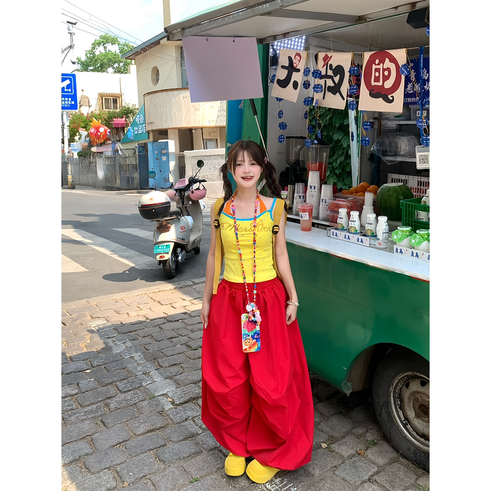 [BANKO] Phụ Nữ Mỹ Mùa Hè Phong Cách Mới Retro Chấm Kim Cương In Chữ Ngôi Sao In Hình Đầy Đủ