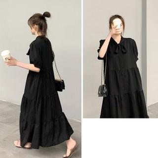 [Đầm đen phong cách Hàn Quốc Đầm dài mỏng nhẹ] Đầm cỡ lớn mùa hè Váy buộc dây ngắn tay mùa hè dành cho nữ sinh viên phiên bản Hàn Quốc Váy một mảnh dáng rộng dáng rộng dáng ôm hơn Phong cách Preppy Váy bánh dài vừa phải Quần áo nữ cỡ lớn hợp thời trang