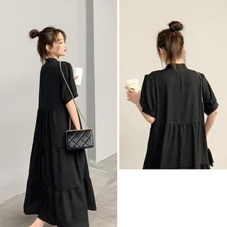 [Đầm đen phong cách Hàn Quốc Đầm dài mỏng nhẹ] Đầm cỡ lớn mùa hè Váy buộc dây ngắn tay mùa hè dành cho nữ sinh viên phiên bản Hàn Quốc Váy một mảnh dáng rộng dáng rộng dáng ôm hơn Phong cách Preppy Váy bánh dài vừa phải Quần áo nữ cỡ lớn hợp thời trang