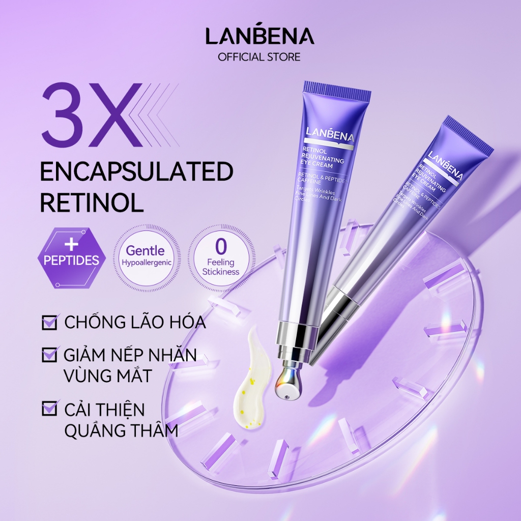 Kem Mắt Lanbena Retinol Đầu Massage Lạnh Giúp Giảm Nếp Nhăn, Mờ Quầng Thâm Mắt,Dưỡng ẩm Trắng Da, Hạn Chế Lão Hóa, Tăng Độ Đàn Hồi Và Trẻ Hóa Vùng Da Quanh Mắt Hiệu Quả 15ml