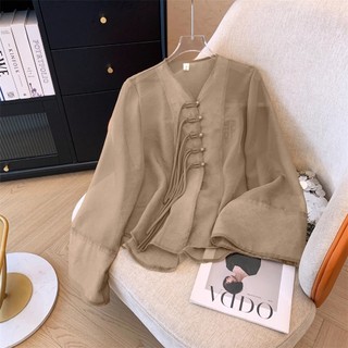 Áo sơ mi dài tay cổ chữ V kiểu Trung Quốc dành cho nữ