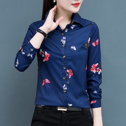 Áo sơ mi dài tay Lily in màu hoa phong cách mới Áo sơ mi trắng mỏng Áo sơ mi nữ