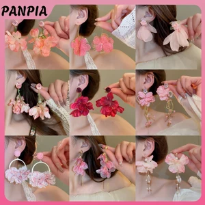 PANPIA Tuyên Bố Thanh Lịch Ren Organza Vải Bông Tai Hoa Dành Cho Nữ Trang Sức Thời Trang Hàn Quốc Đảng Nữ Phụ Kiện PANPIA