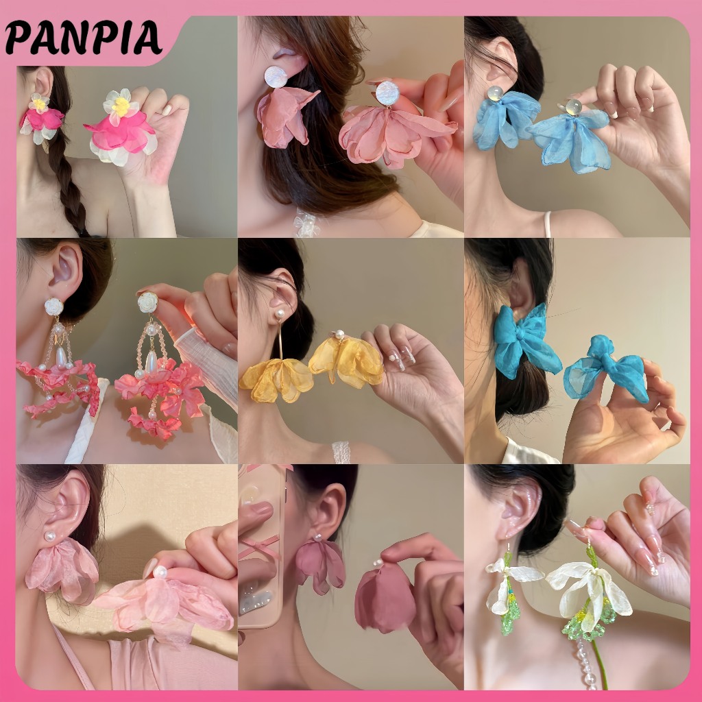 PANPIA Tuyên Bố Thanh Lịch Ren Organza Vải Bông Tai Hoa Dành Cho Nữ Trang Sức Thời Trang Hàn Quốc Đảng Nữ Phụ Kiện PANPIA