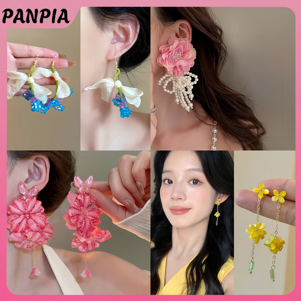 PANPIA Tuyên Bố Thanh Lịch Ren Organza Vải Bông Tai Hoa Dành Cho Nữ Trang Sức Thời Trang Hàn Quốc Đảng Nữ Phụ Kiện PANPIA