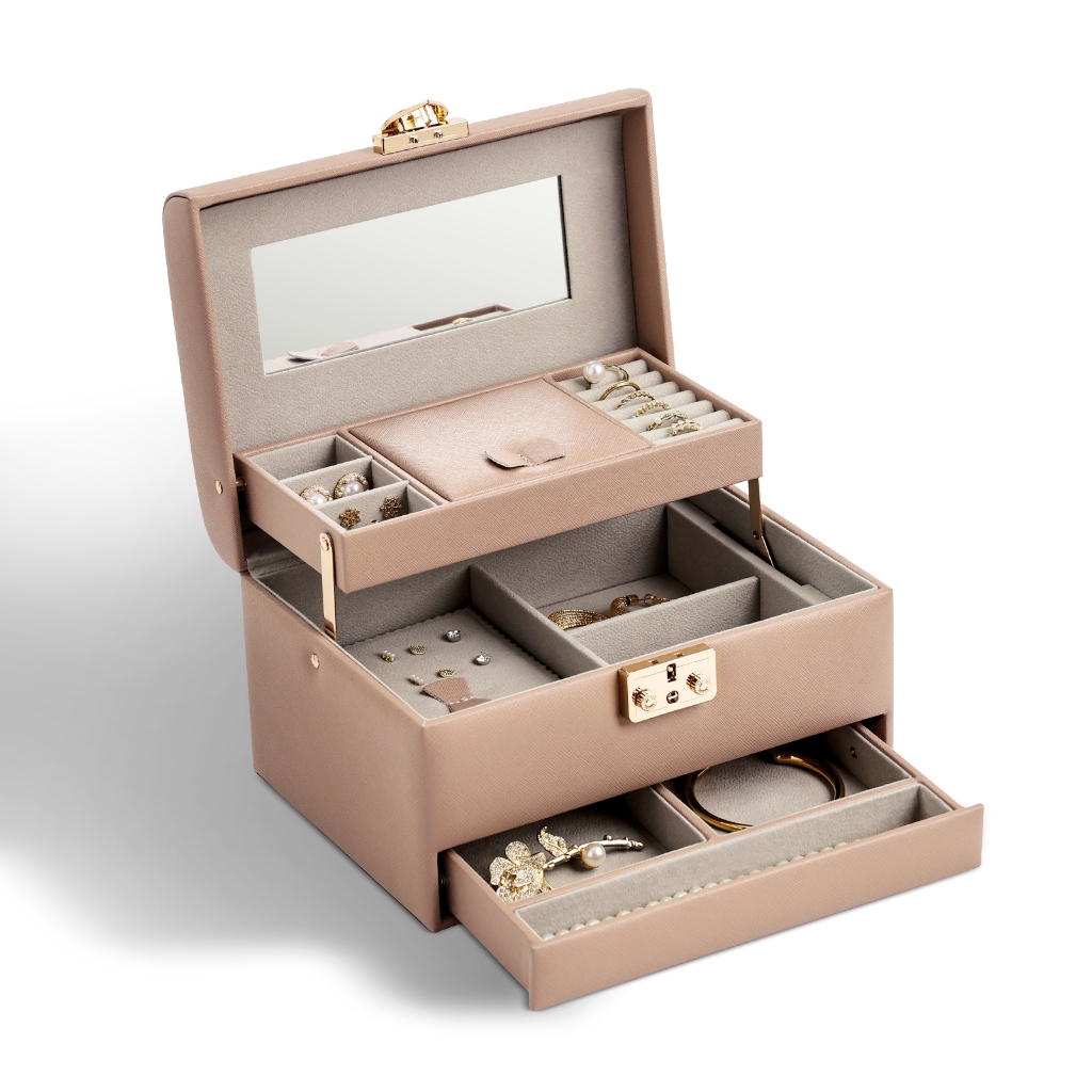 CASEGRACE 3 lớp hộp trang sức lớn có khóa & chìa khóa, lót nhung, ngăn cho nhẫn, vòng cổ, bông tai