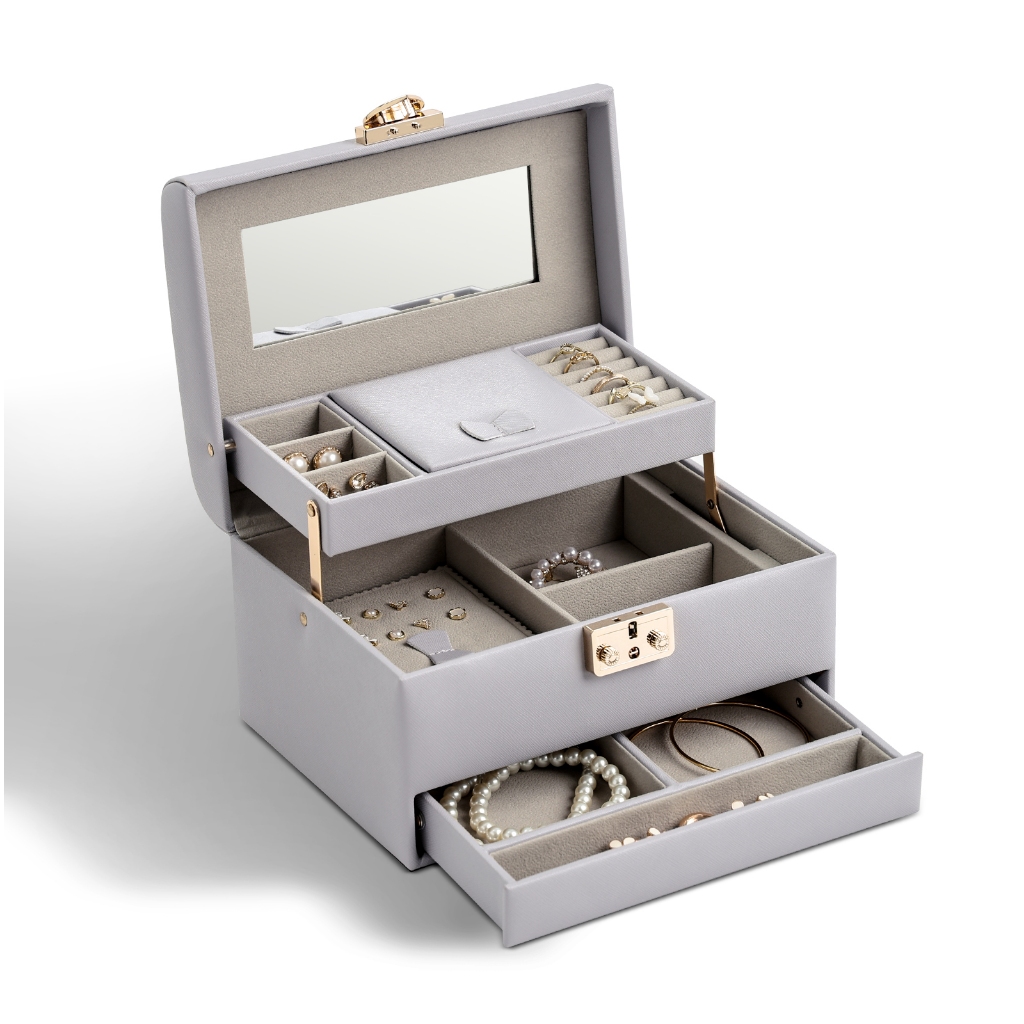 CASEGRACE 3 lớp hộp trang sức lớn có khóa & chìa khóa, lót nhung, ngăn cho nhẫn, vòng cổ, bông tai