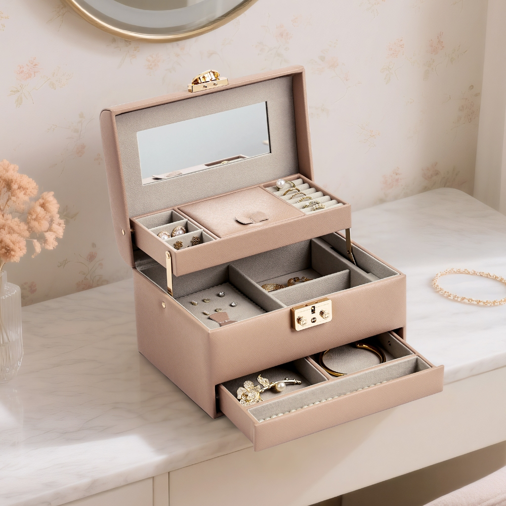 CASEGRACE 3 lớp hộp trang sức lớn có khóa & chìa khóa, lót nhung, ngăn cho nhẫn, vòng cổ, bông tai