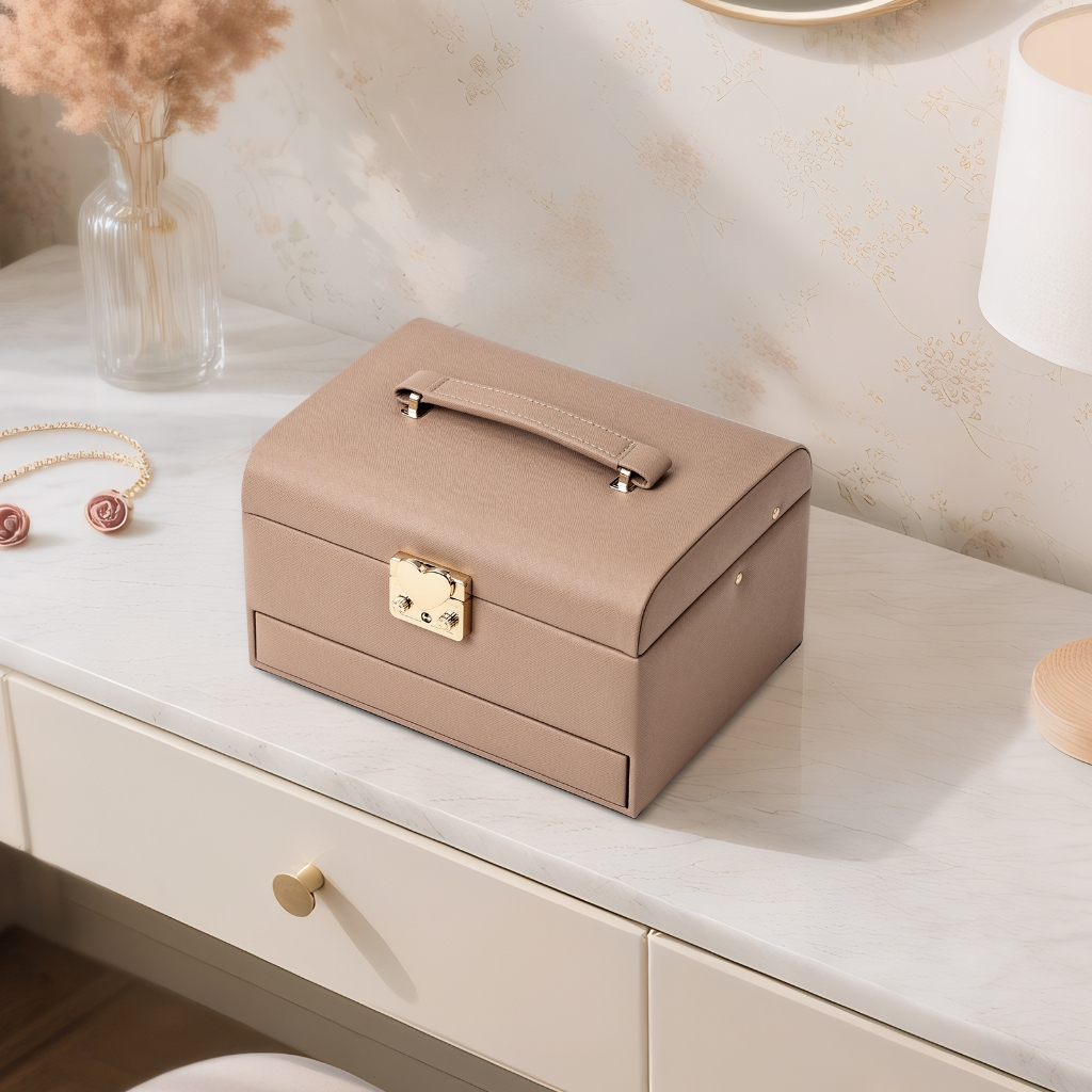 CASEGRACE 3 lớp hộp trang sức lớn có khóa & chìa khóa, lót nhung, ngăn cho nhẫn, vòng cổ, bông tai