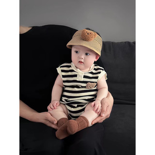 Áo liền quần sơ sinh Bé trai Bé gái Cotton hoạt hình dễ thương Gấu sọc Bộ áo liền quần mùa hè thoải mái (0-24 tháng)