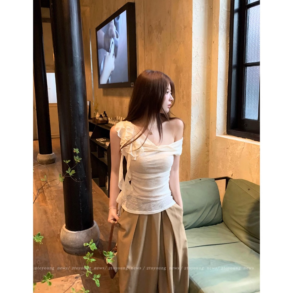 [BANKO] Phiên Bản Hàn Quốc Nữ Mùa Hè Cổ Xếp Ly Nẹp Streamer Hoa Đeo Vai Ngắn Tay T-