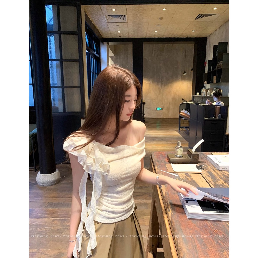 [BANKO] Phiên Bản Hàn Quốc Nữ Mùa Hè Cổ Xếp Ly Nẹp Streamer Hoa Đeo Vai Ngắn Tay T-