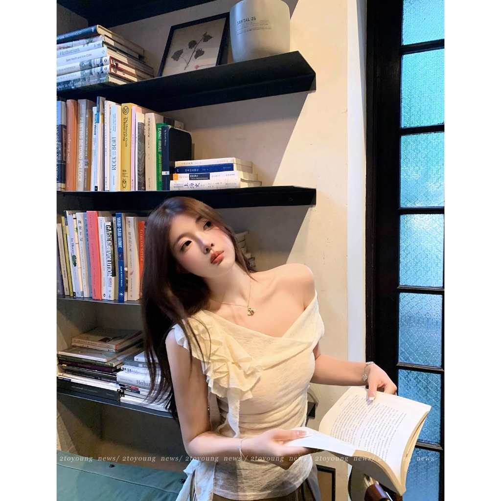 [BANKO] Phiên Bản Hàn Quốc Nữ Mùa Hè Cổ Xếp Ly Nẹp Streamer Hoa Đeo Vai Ngắn Tay T-