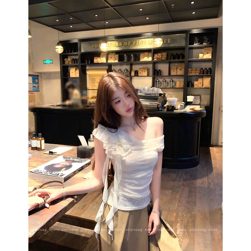 [BANKO] Phiên Bản Hàn Quốc Nữ Mùa Hè Cổ Xếp Ly Nẹp Streamer Hoa Đeo Vai Ngắn Tay T-