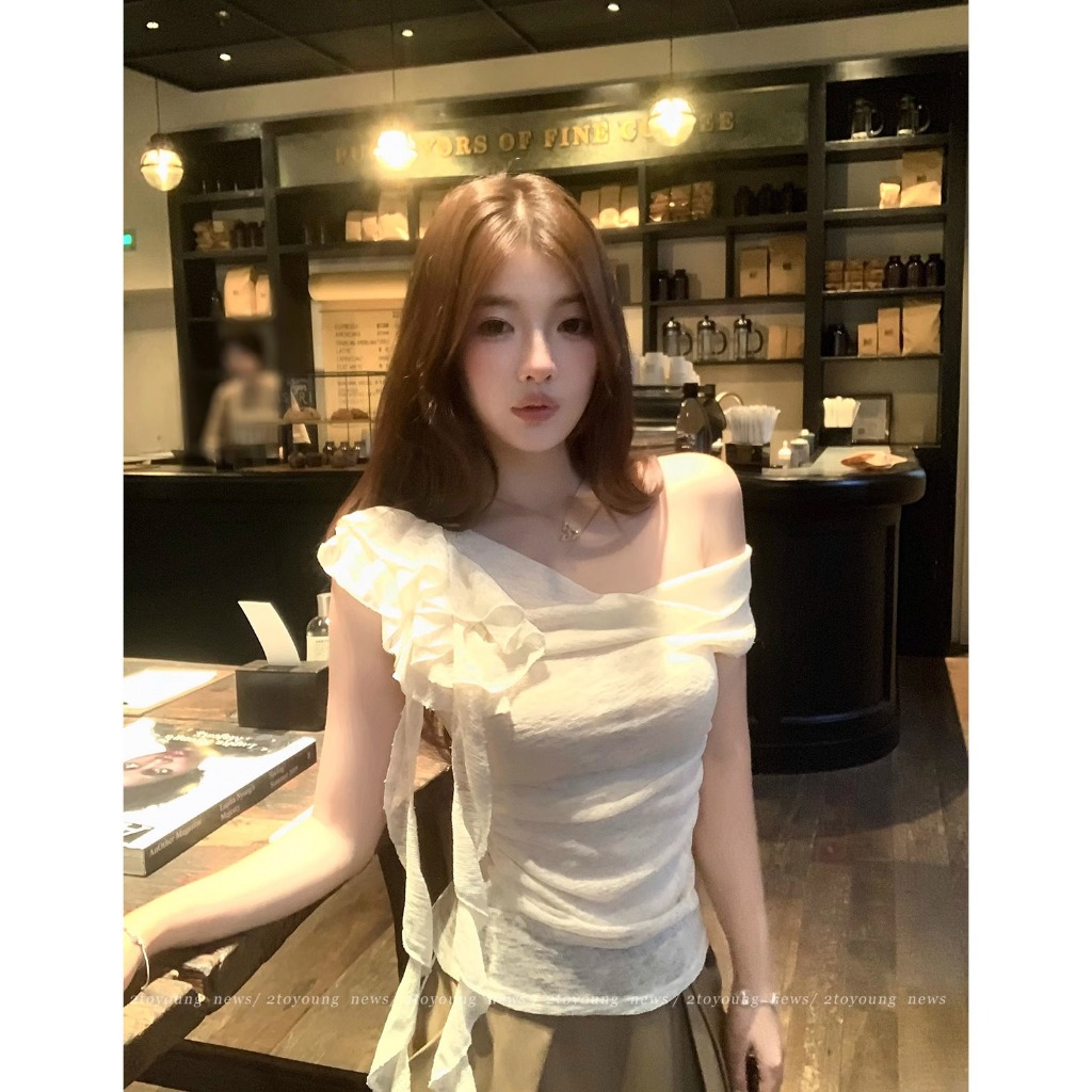 [BANKO] Phiên Bản Hàn Quốc Nữ Mùa Hè Cổ Xếp Ly Nẹp Streamer Hoa Đeo Vai Ngắn Tay T-