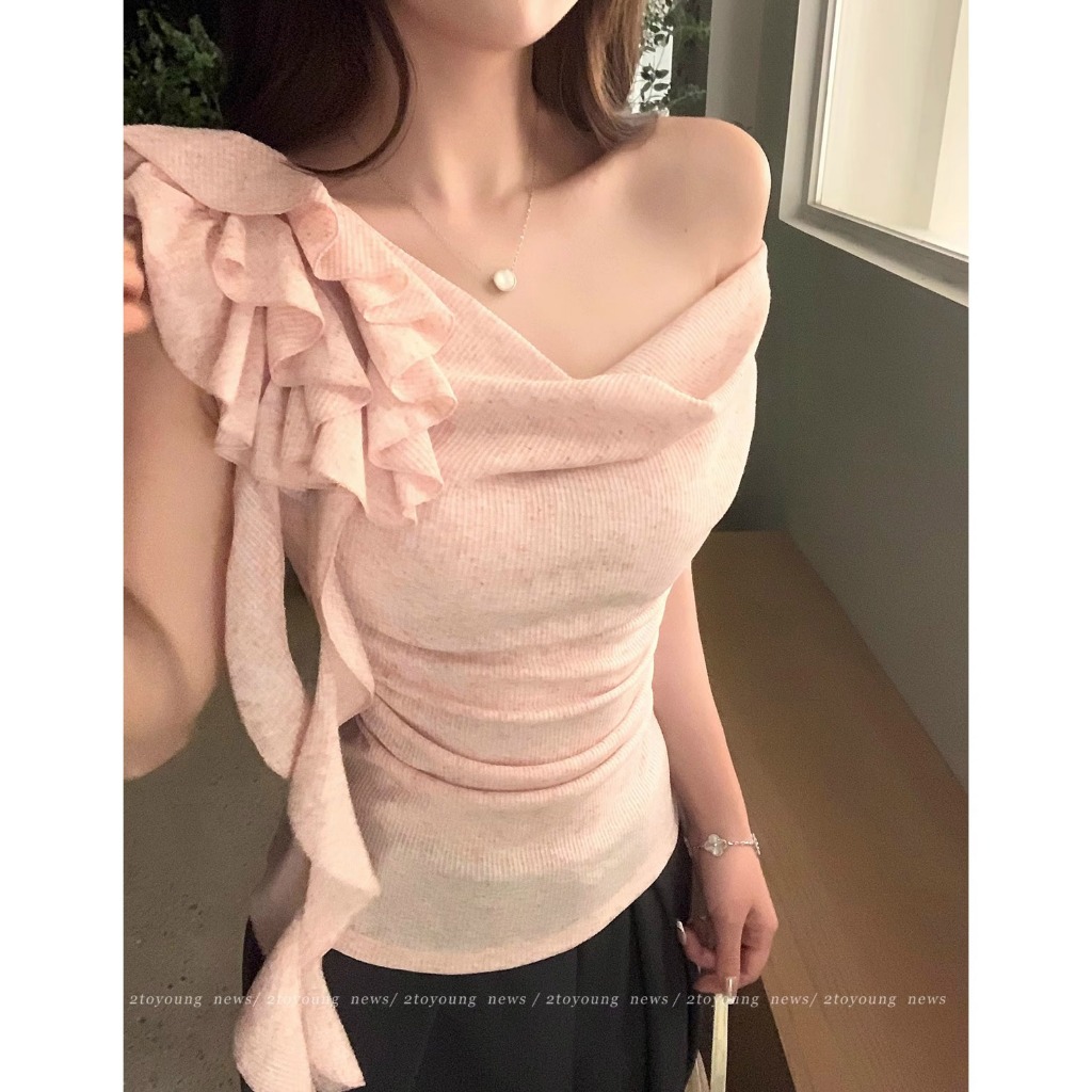 [BANKO] Phiên Bản Hàn Quốc Nữ Mùa Hè Cổ Xếp Ly Nẹp Streamer Hoa Đeo Vai Ngắn Tay T-