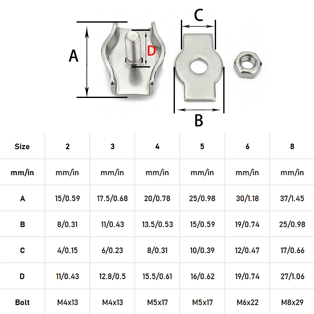 Kẹp dây, kẹp đơn, kẹp đôi, kẹp cáp thép không gỉ 304, kẹp dây M2-M8