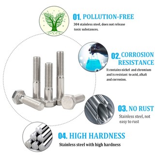 M6 M8 M10 M12 Một Phần Chủ Đề Bên Ngoài Đầu Lục Giác Vít Thép Không Gỉ 304 Nửa Chủ Đề Đầu Lục Giác Bu Lông