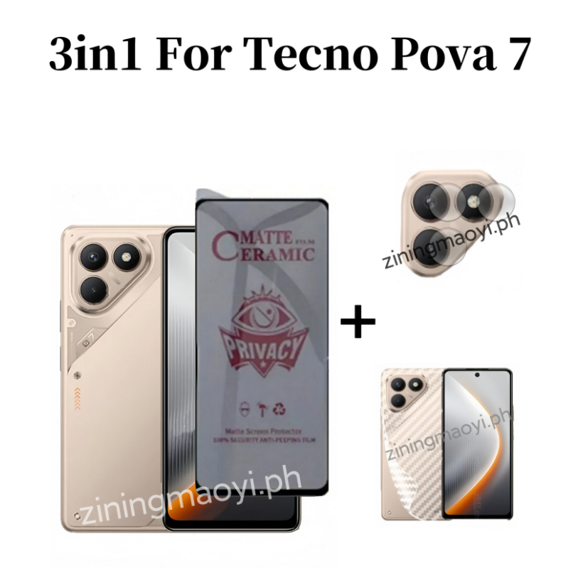 3in1 Tecno Pova 7 4G Phim gốm chống gián điệp riêng tư cho Tecno Pova 6 6pro Bảo vệ màn hình bằng gốm riêng tư Kính và ống kính máy ảnh Phim và phim mặt sau