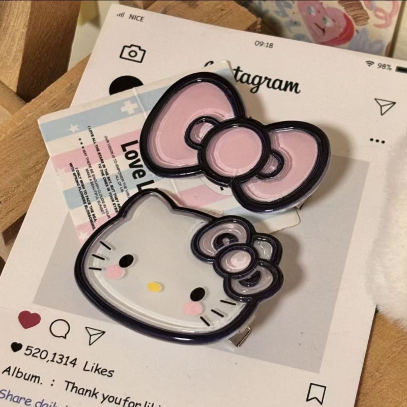 Kẹp tóc hoạt hình dễ thương Kitty nơ đen hồng ngọt ngào