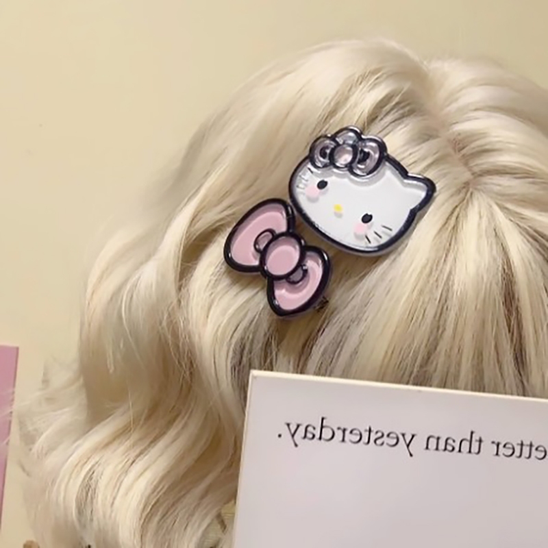 Kẹp tóc hoạt hình dễ thương Kitty nơ đen hồng ngọt ngào