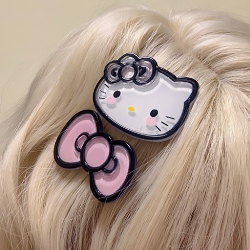 Kẹp tóc hoạt hình dễ thương Kitty nơ đen hồng ngọt ngào