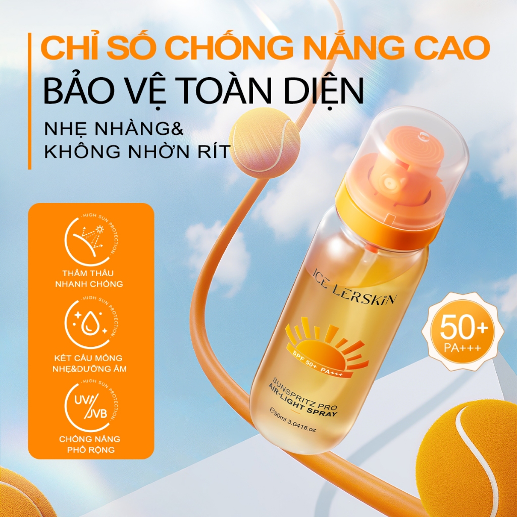 Kem Chống Nắng Dạng Xịt ICE LERSKIN SPF 50+ PA+++ 90ml Dưỡng Ẩm & Nuôi Dưỡng Nhẹ Mỏng & Thoáng Khí Bảo Vệ Cao Khỏi Tia UV Chống Nước Tiện Lợi Có thể thoa lại bất cứ lúc nào Không gây bết dính