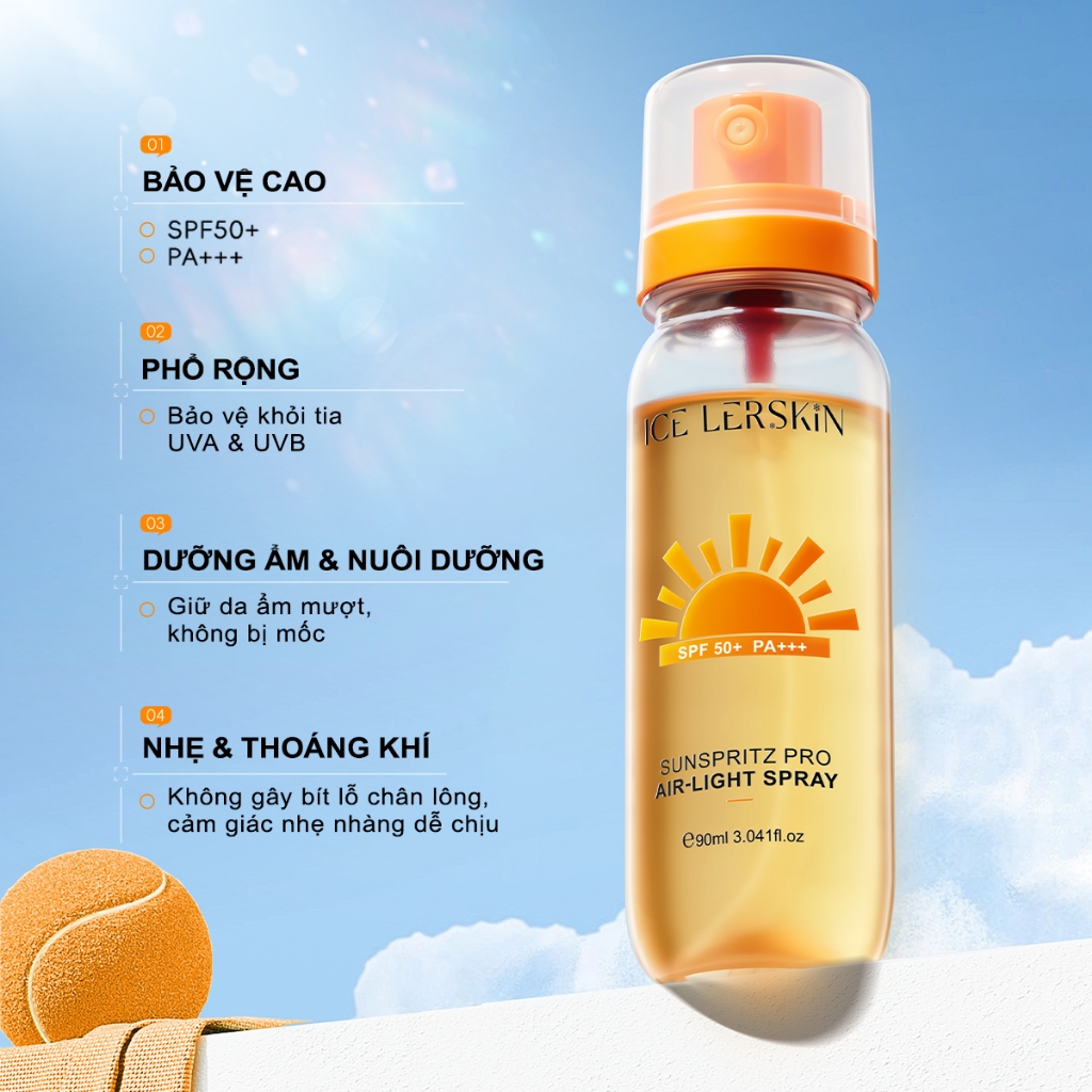 Kem Chống Nắng Dạng Xịt ICE LERSKIN SPF 50+ PA+++ 90ml Dưỡng Ẩm & Nuôi Dưỡng Nhẹ Mỏng & Thoáng Khí Bảo Vệ Cao Khỏi Tia UV Chống Nước Tiện Lợi Có thể thoa lại bất cứ lúc nào Không gây bết dính