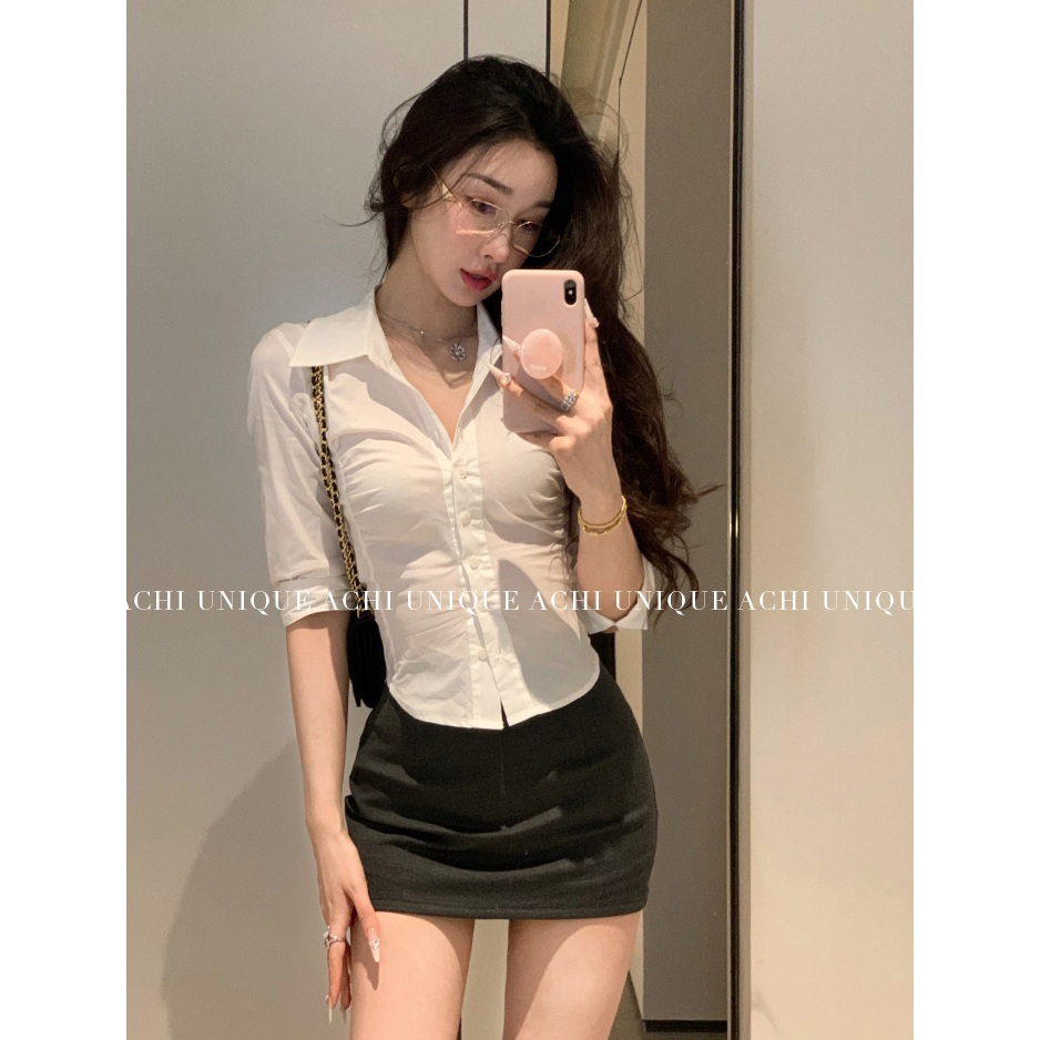 [BANKO] Phiên bản Hàn Quốc mùa hè dành cho nữ dáng ôm vừa vặn eo hẹp màu trắng xếp li dài tay
