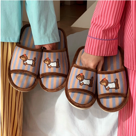 XIXITIAO Cặp Đôi Nhà Vải Lanh Cotton Dép Xuân Hè Nam Nữ Thoải Mái Dễ Thương Puppy Giày Sàn