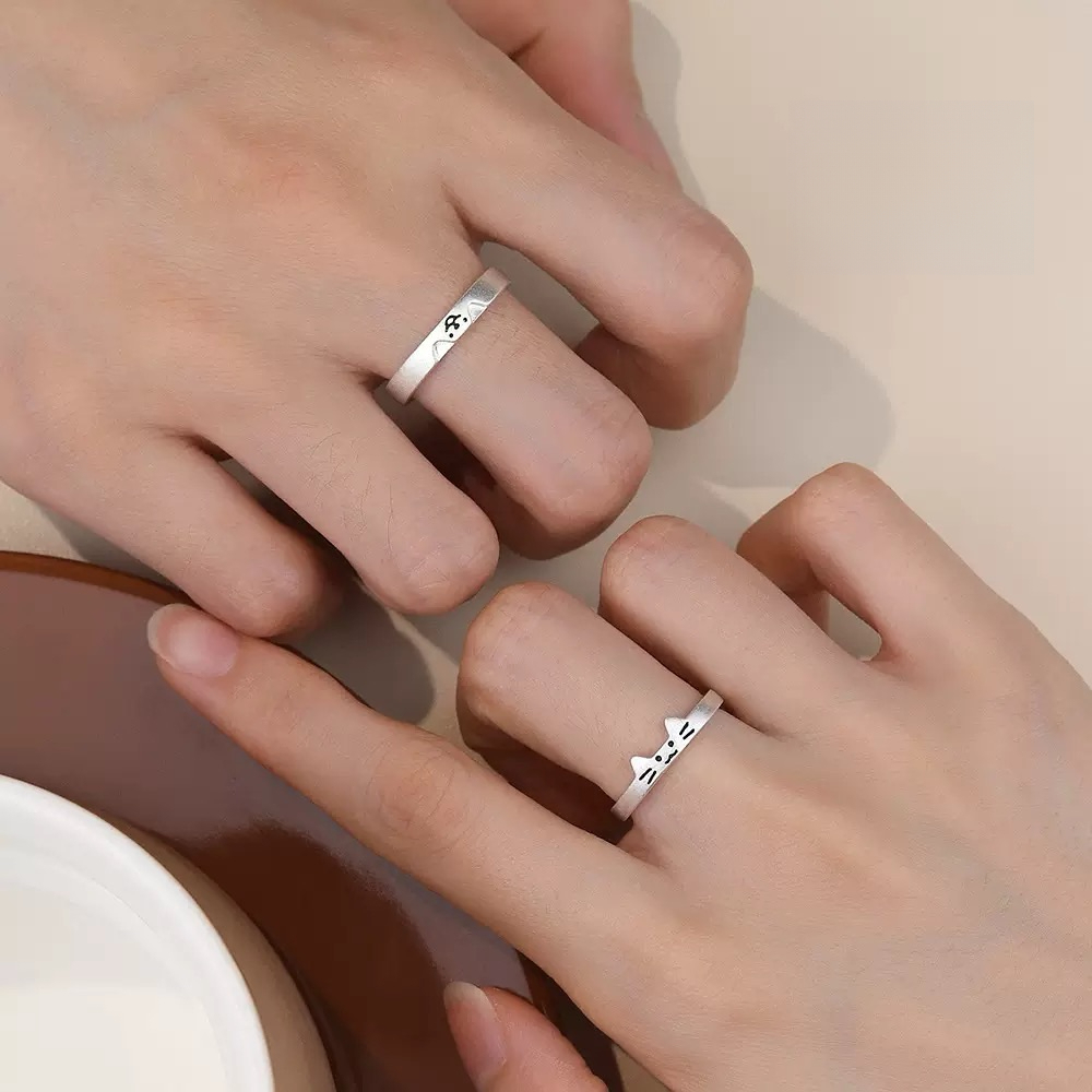 S925 Bạc Mèo Con Và Chó Con Cặp Đôi Nhẫn Hoạt Hình Dễ Thương Nam Nữ Cặp Đôi Bộ Nhẫn